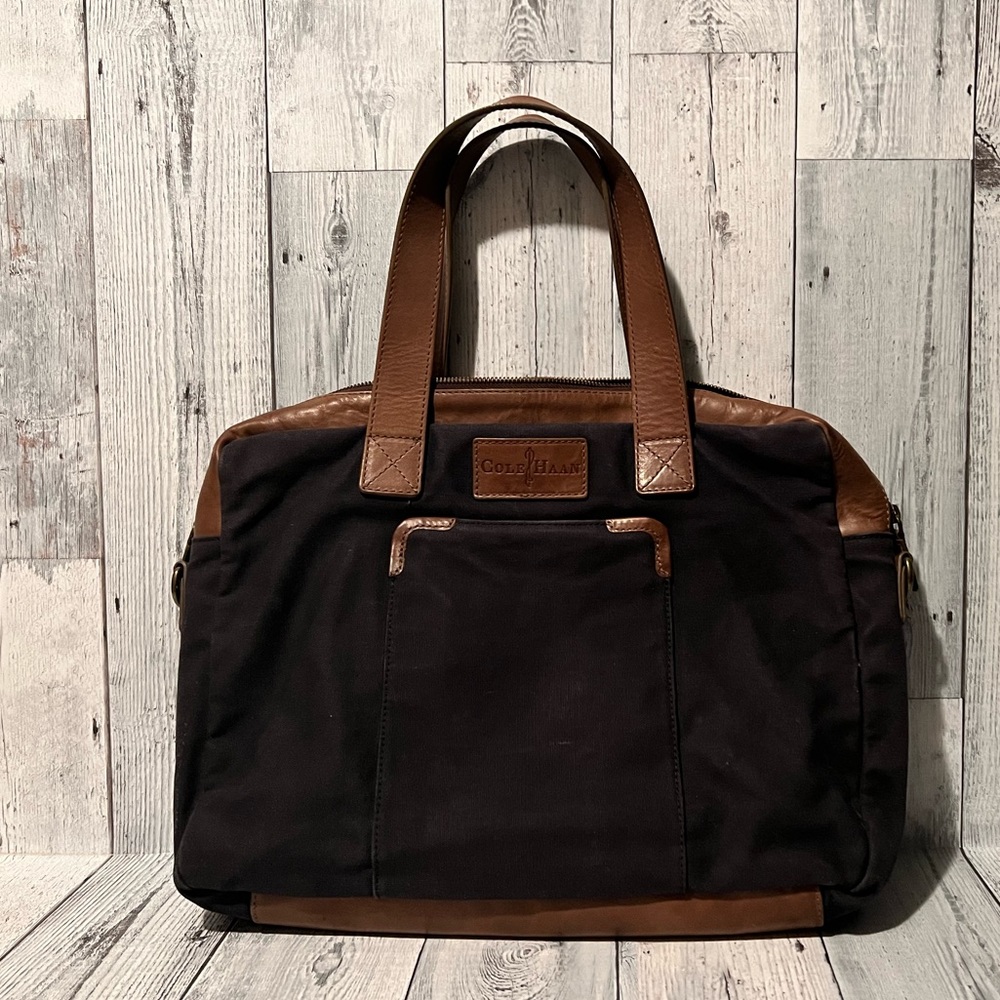 Leather and Blue Canvas Messenger Laptop Bag by Cole Haan